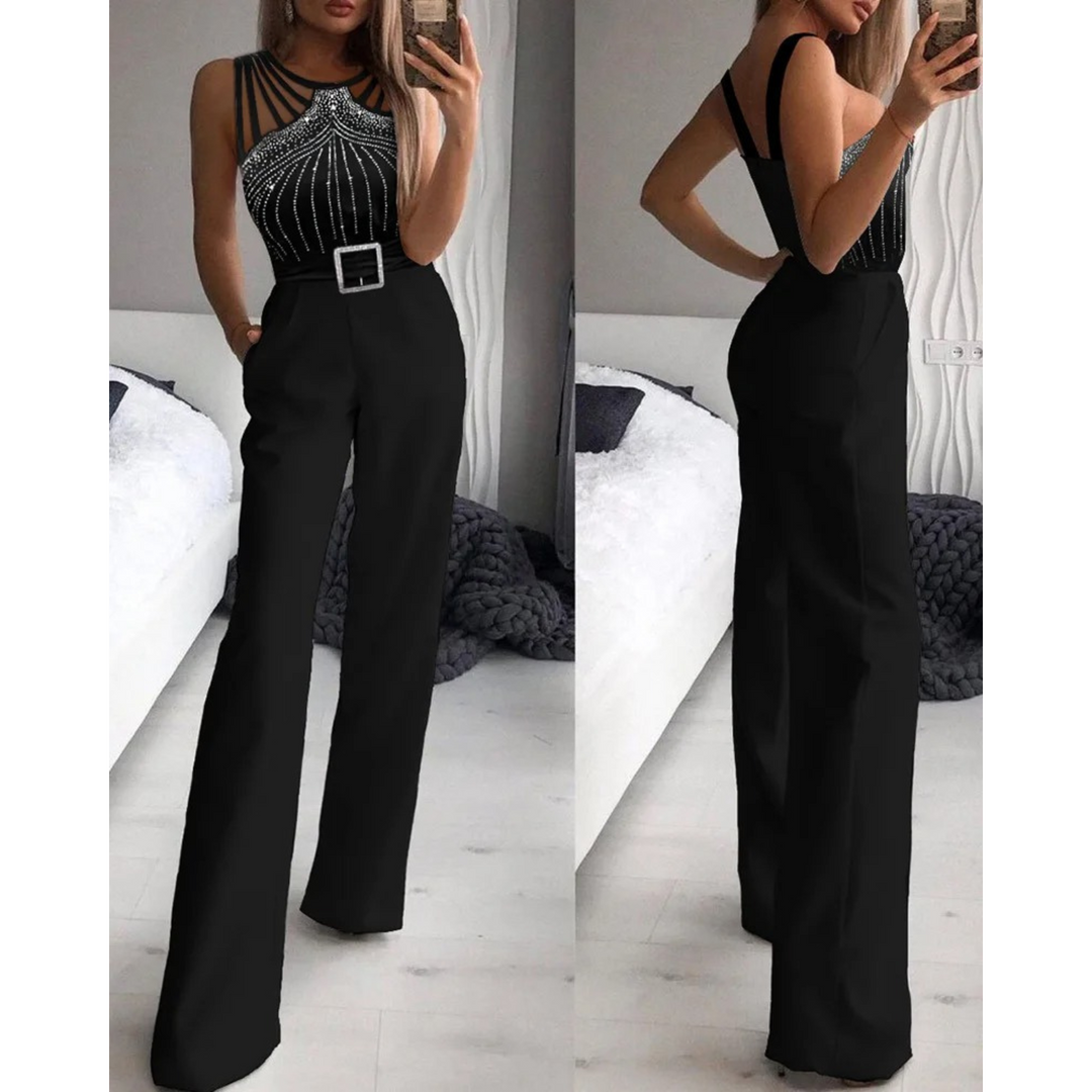 VIDA eleganter schwarzer Slim Pant Jumpsuit mit rundem Ausschnitt