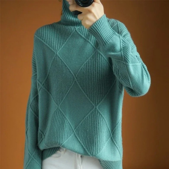 Frauenz - Rollkragenpullover Damen, Strickpullover mit Rautenmuster, Weich und Gemütlich