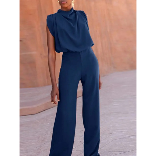 VIDA eleganter orangefarbener Jumpsuit mit Stehkragen und weiten Hosen