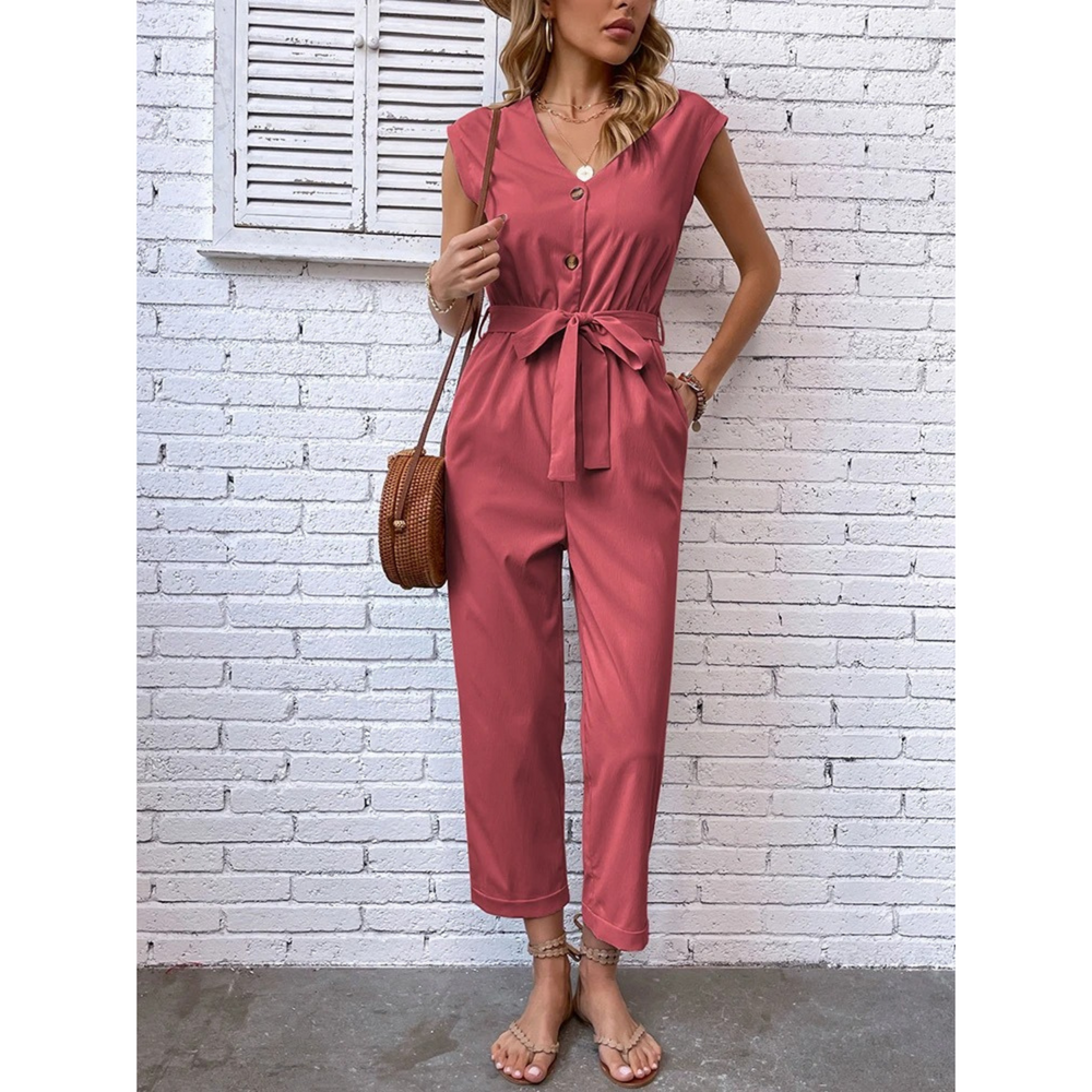 VIDA blauer V-Ausschnitt Knopfverschluss weiche Hosen-Jumpsuit