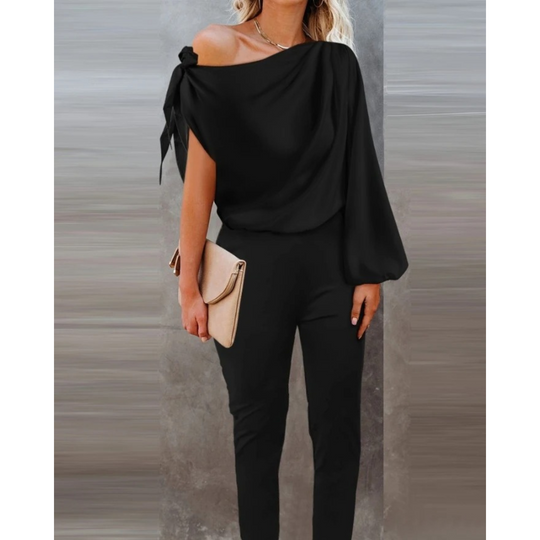 VIDA asymmetrischer Hals einfacher schwarzer bequemer Hosen-Jumpsuit