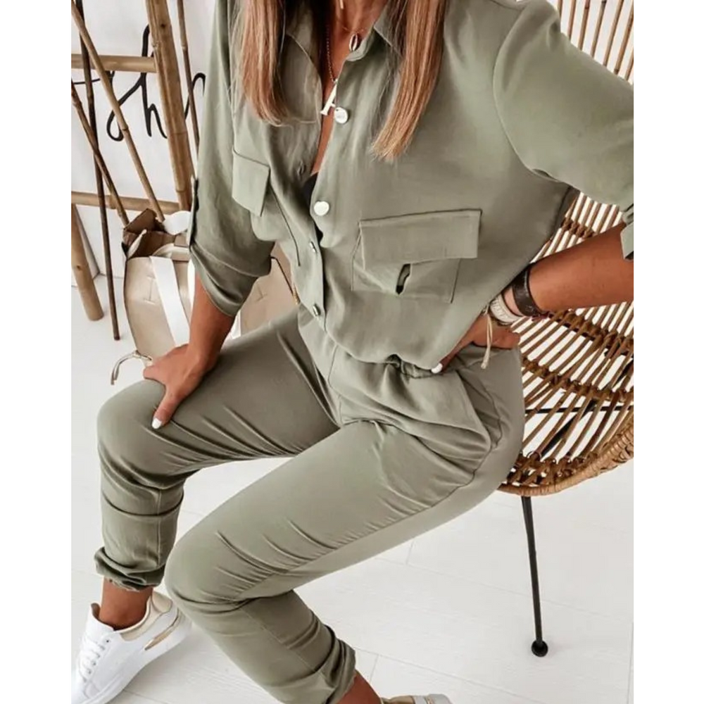 VIDA Sportstil Turnkragen Knopf Revers schmaler Hosen-Jumpsuit