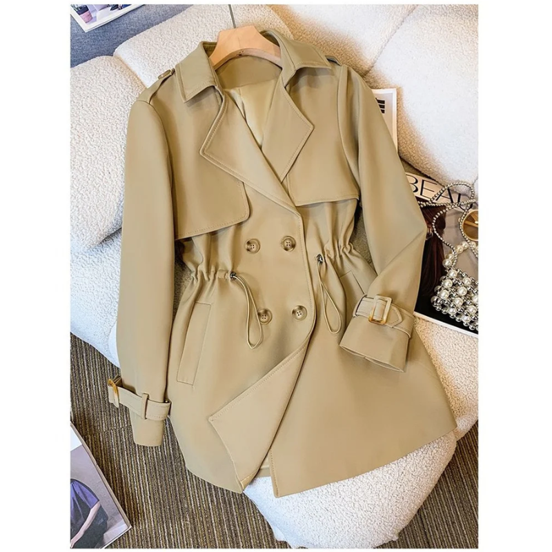 Feminza - Damen Mantel Kurzer Trenchcoat mit Taillengürtel und Knopfleiste