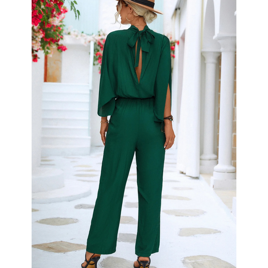 VIDA eleganter grüner Jumpsuit mit einfacher Hose und Schleifenkragen