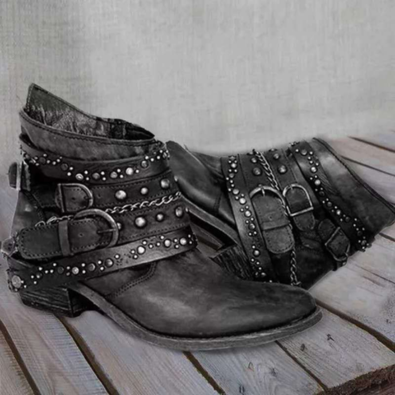 Vintana - Damen Lederstiefeletten mit Nietenriemen - Westernstil, Flacher Absatz