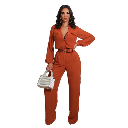 VIDA rosafarbener V-Ausschnitt Knopf elastischer loser Hosen-Jumpsuit