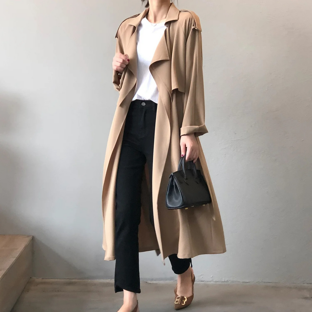 Charmin - Damen Mantel Langer Trenchcoat, Offener Schnitt, Mit Reverskragen