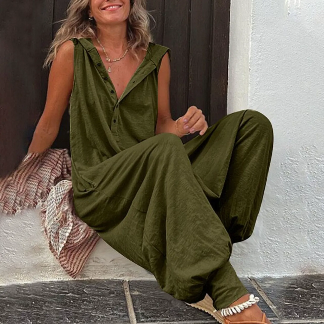 VIDA bequemer Jumpsuit mit Knöpfen, V-Ausschnitt und ärmellos