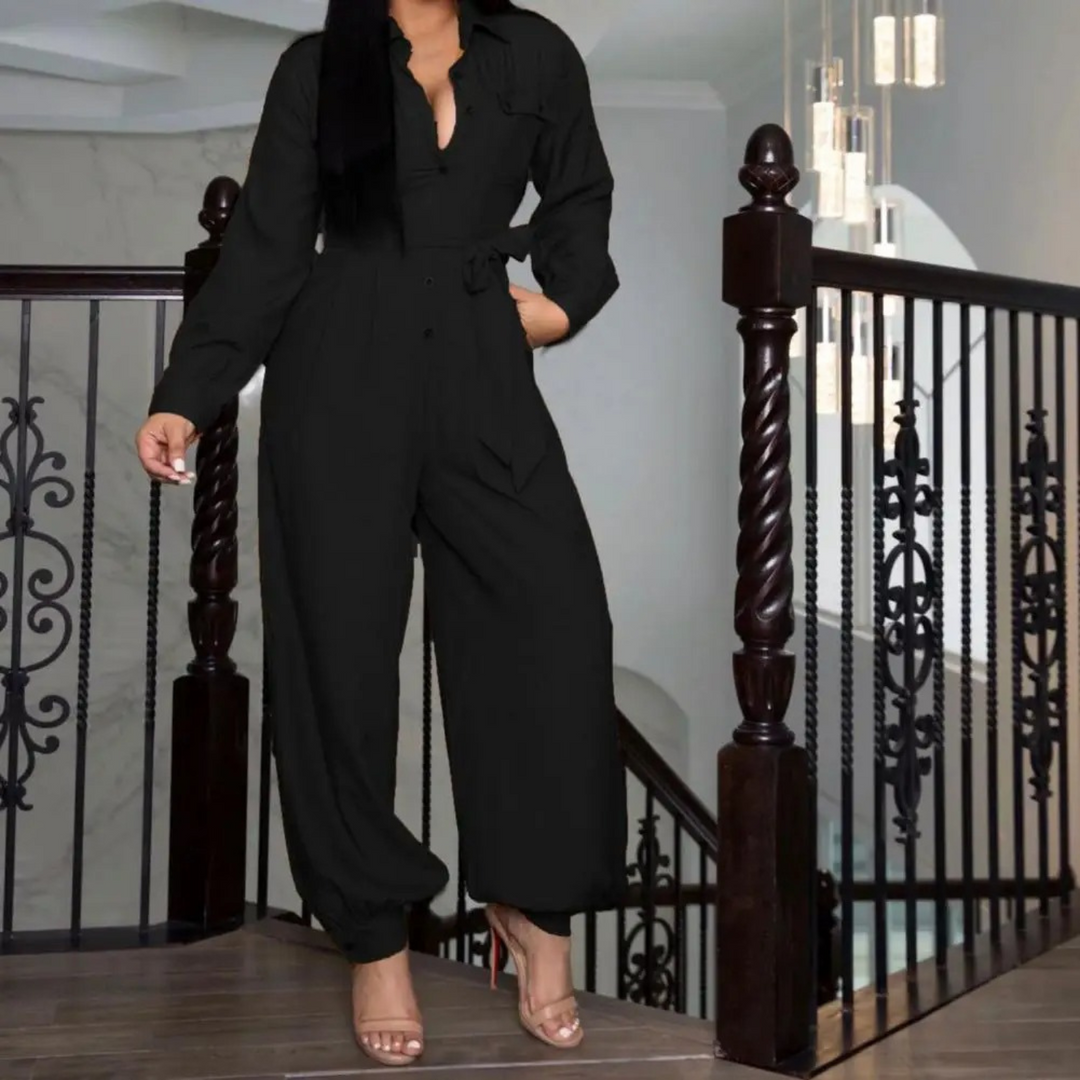 VIDA eleganter schwarzer einfacher Jumpsuit mit Drehkragen