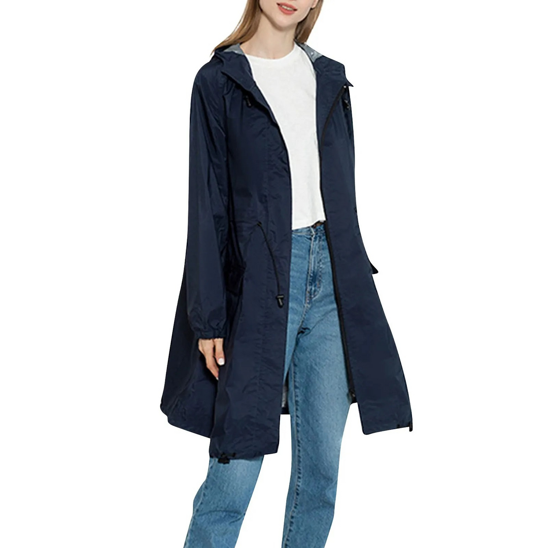 Drizzla - Regenjacke Damen mit Kordelzug und Kapuze, Leichter Langer Wasserdichter Mantel