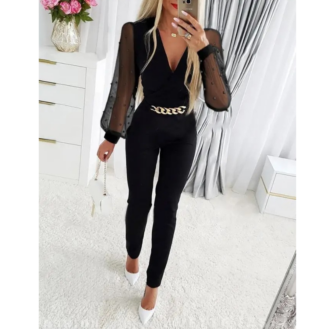 VIDA eleganter schwarzer Slim Pant Jumpsuit mit hohlem Druck