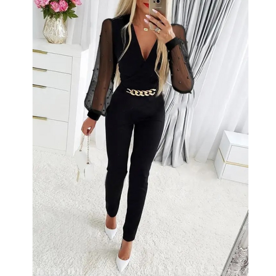 VIDA eleganter schwarzer Slim Pant Jumpsuit mit hohlem Druck