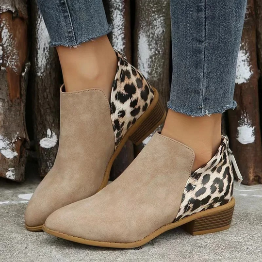 Farinou - Stiefeletten Damen mit Animal Print, Modische Flache Stiefel