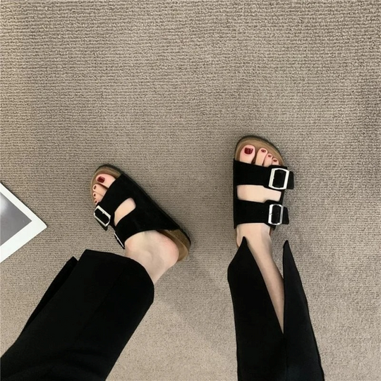 VIDA Schwarz-Braun-Kaki-Damen Sandalen mit doppeltem Schnallenverschluss