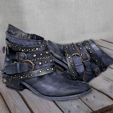 Vintana - Damen Lederstiefeletten mit Nietenriemen - Westernstil, Flacher Absatz