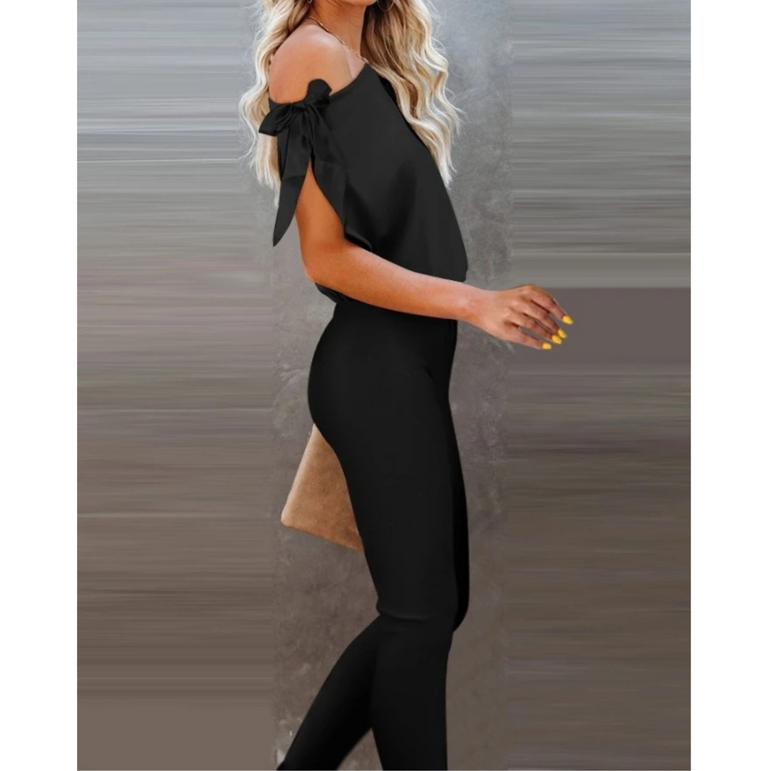 VIDA asymmetrischer Hals einfacher schwarzer bequemer Hosen-Jumpsuit