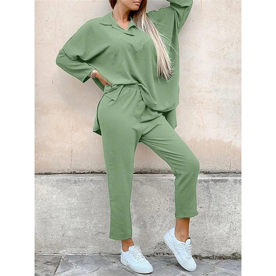 VIDA grüner einfacher Turnkragen elastischer Taillen-Hosen-Jumpsuit