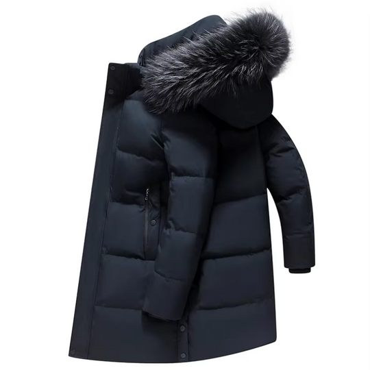 Mantoro - Mantel Herren Lang - Winterjacke mit Fellkapuze und Reißverschlusstaschen