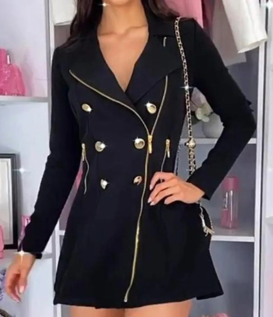 Elegira - Blazer Kleid Damen Mit Reißverschlussdetails und Goldknöpfen