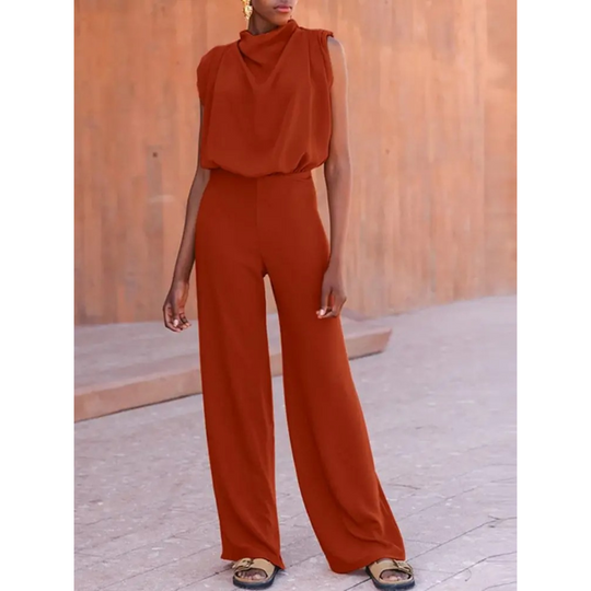 VIDA eleganter orangefarbener Jumpsuit mit Stehkragen und weiten Hosen