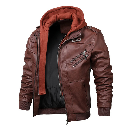 Nobrixx - Lederjacke Herren - Stylische Jacke mit Kapuze und Reißverschlusstaschen