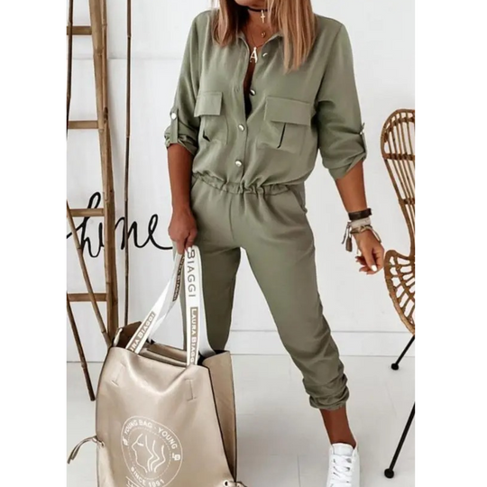 VIDA Sportstil Turnkragen Knopf Revers schmaler Hosen-Jumpsuit