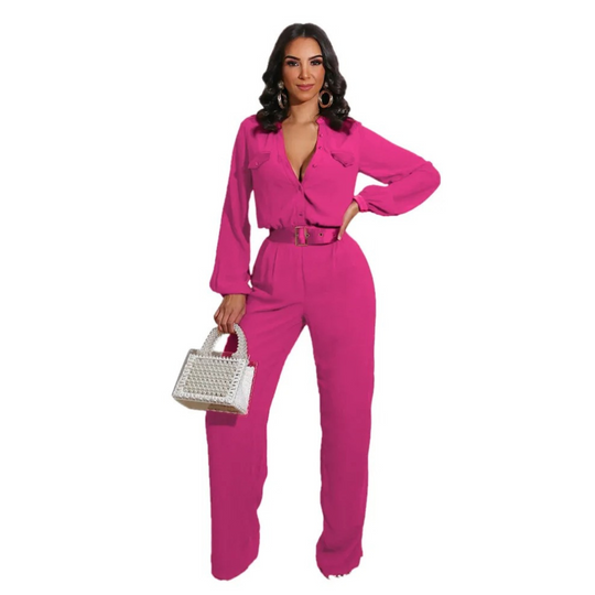 VIDA rosafarbener V-Ausschnitt Knopf elastischer loser Hosen-Jumpsuit