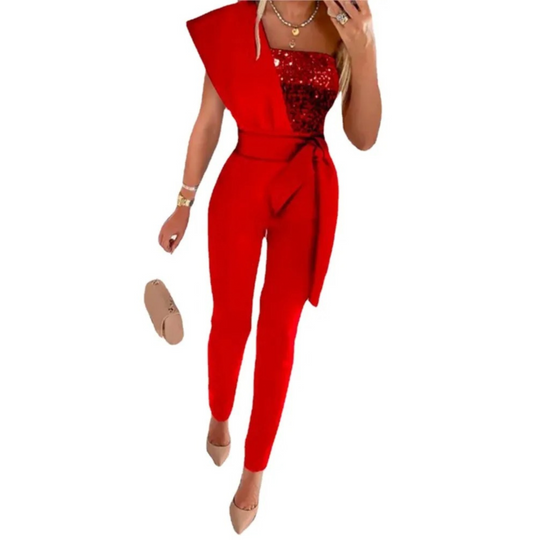 VIDA eleganter roter Patchwork glänzender Slim Pant Jumpsuit