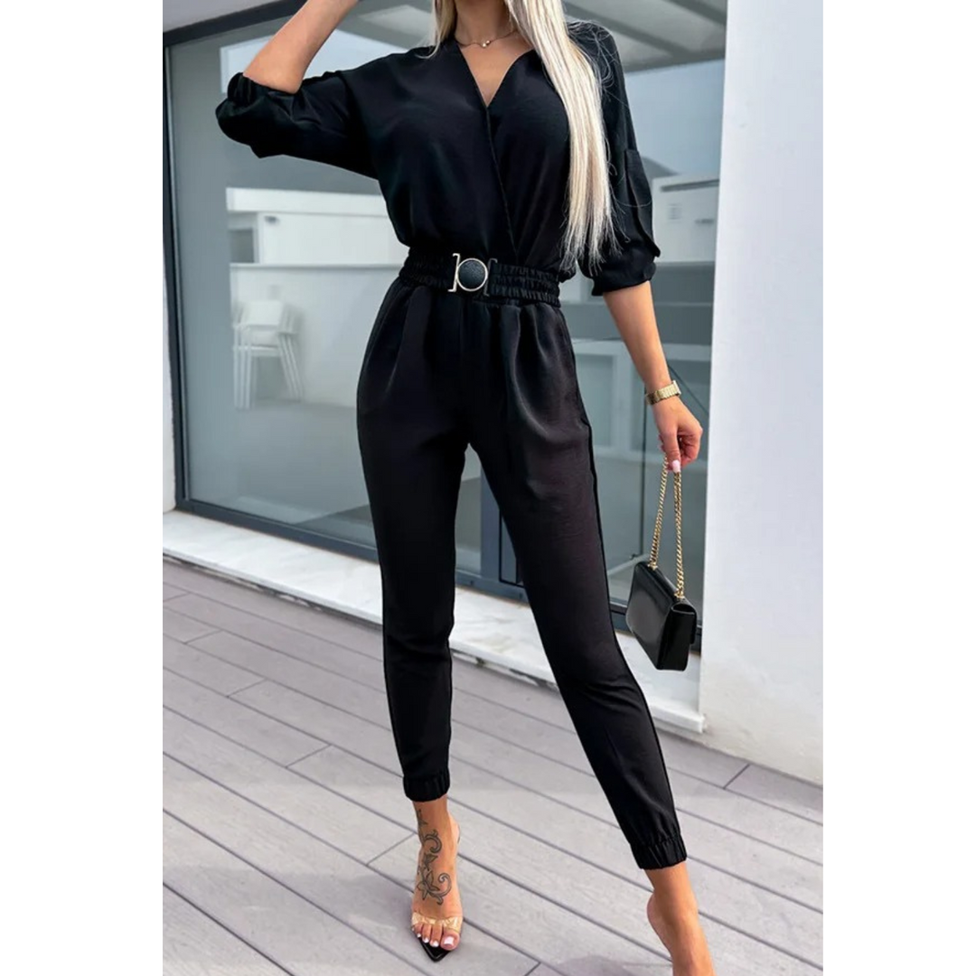 VIDA eleganter schwarzer V-Ausschnitt Gürtel schlanker Hosen-Jumpsuit