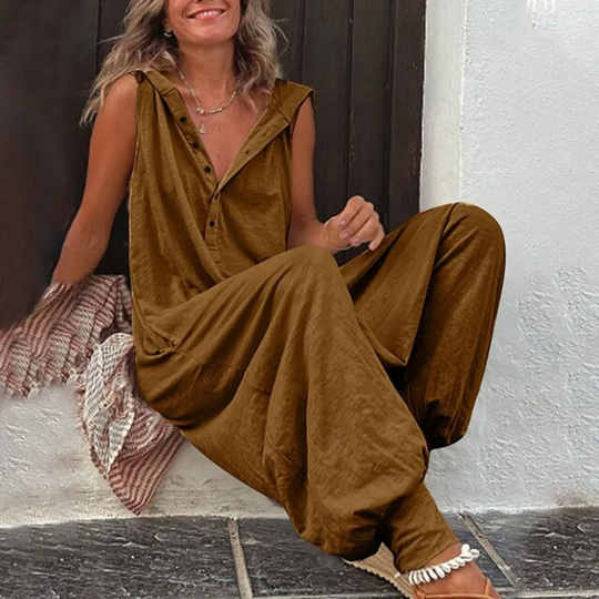 VIDA bequemer Jumpsuit mit Knöpfen, V-Ausschnitt und ärmellos