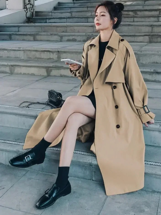 Stilvol - Damen Mantel Langer Trenchcoat mit Doppelknopfleiste und Gürtel