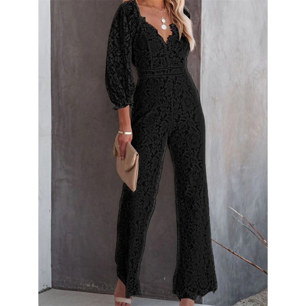 VIDA Jumpsuit mit weißem hohlen Blumendruck V-Ausschnitt weite Hosen