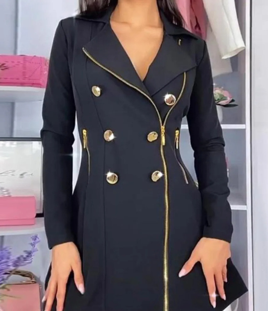 Elegira - Blazer Kleid Damen Mit Reißverschlussdetails und Goldknöpfen