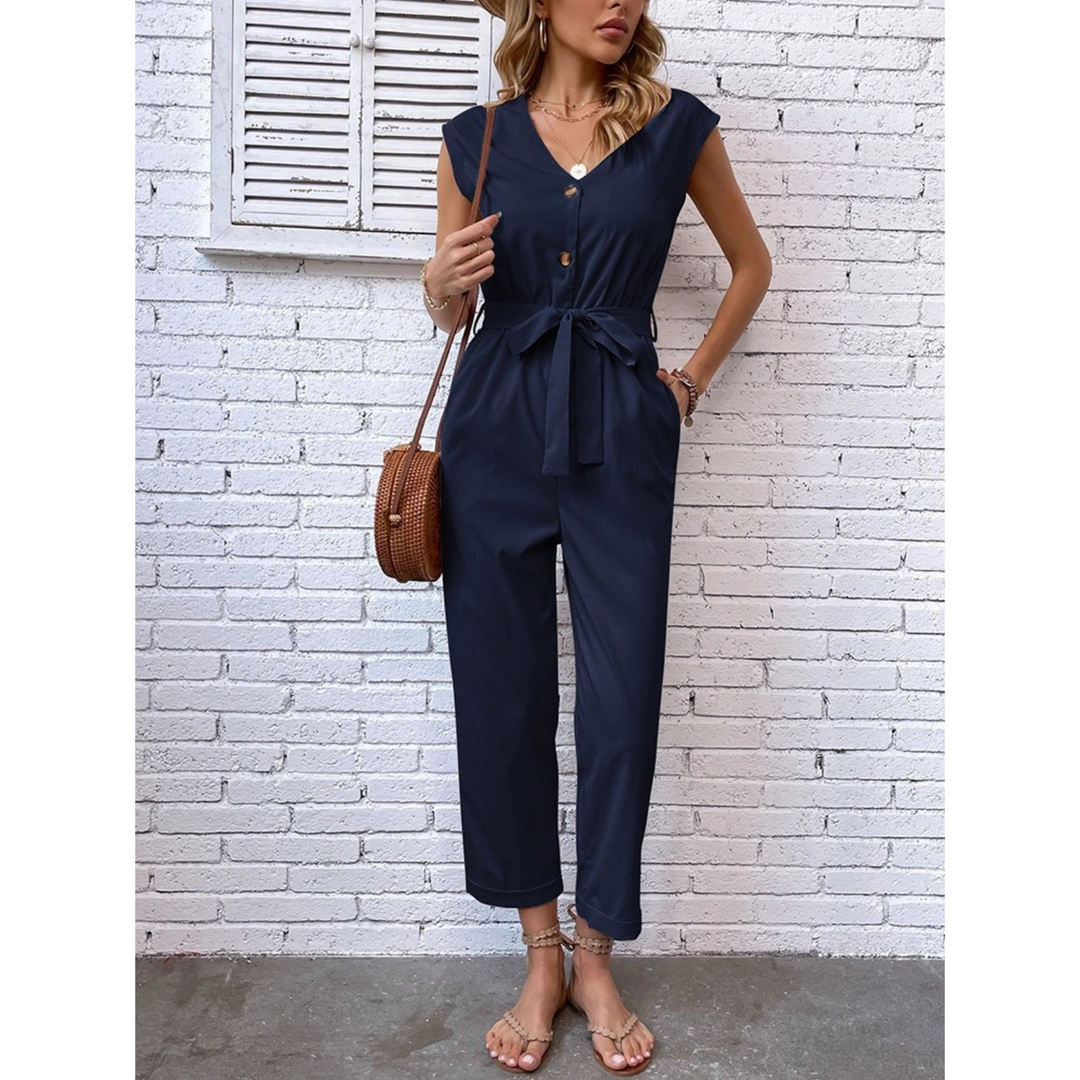 VIDA blauer V-Ausschnitt Knopfverschluss weiche Hosen-Jumpsuit