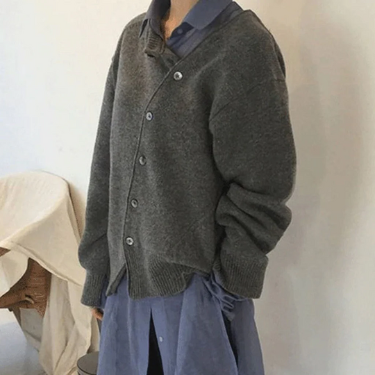 Wärmify - Damen Asymmetrischer Cardigan mit Knöpfen, Langarm, Weiches Strickmaterial, Lockerer Schnitt