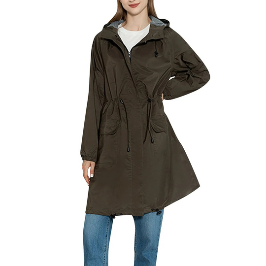 Drizzla - Regenjacke Damen mit Kordelzug und Kapuze, Leichter Langer Wasserdichter Mantel