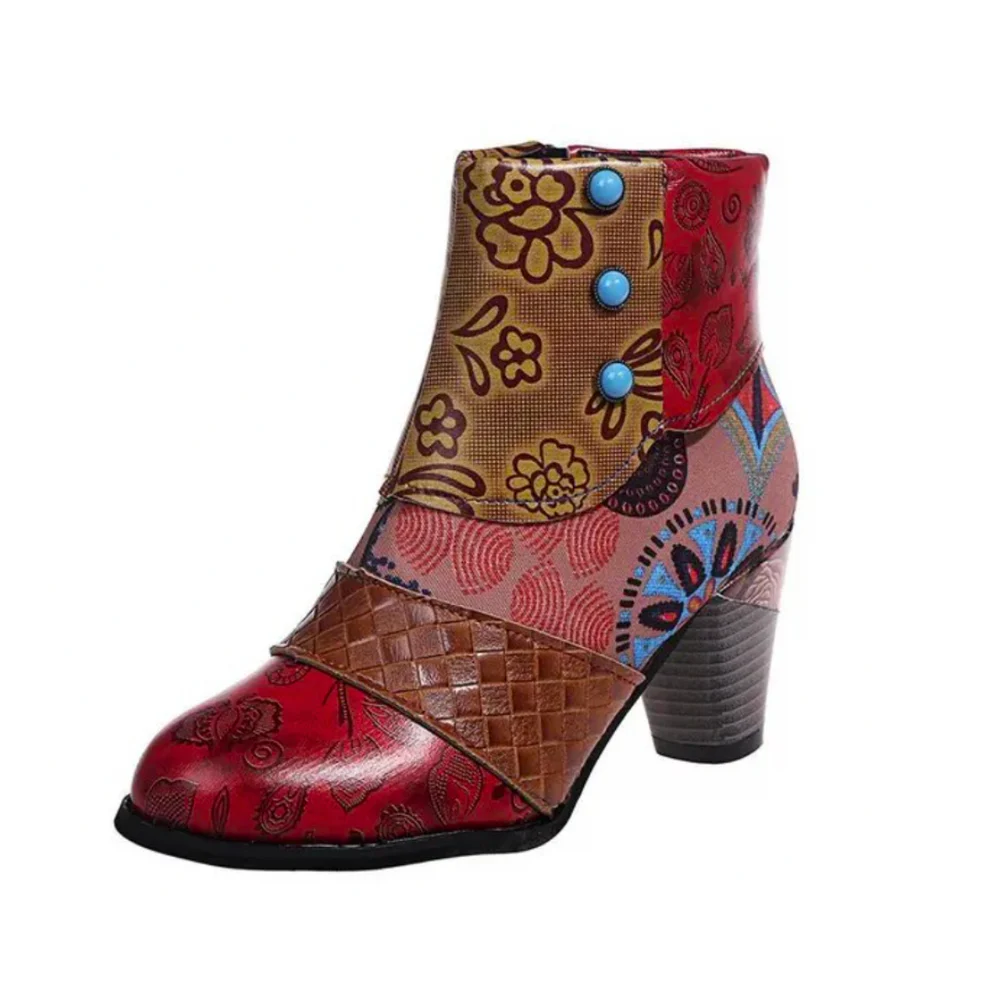 Komfoti - Damen Ankle Boots mit floralem Patchwork-Design und Reißverschluss