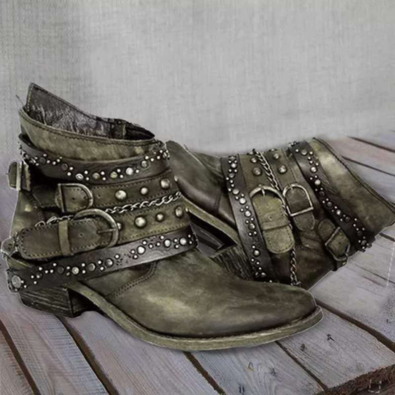 Vintana - Damen Lederstiefeletten mit Nietenriemen - Westernstil, Flacher Absatz