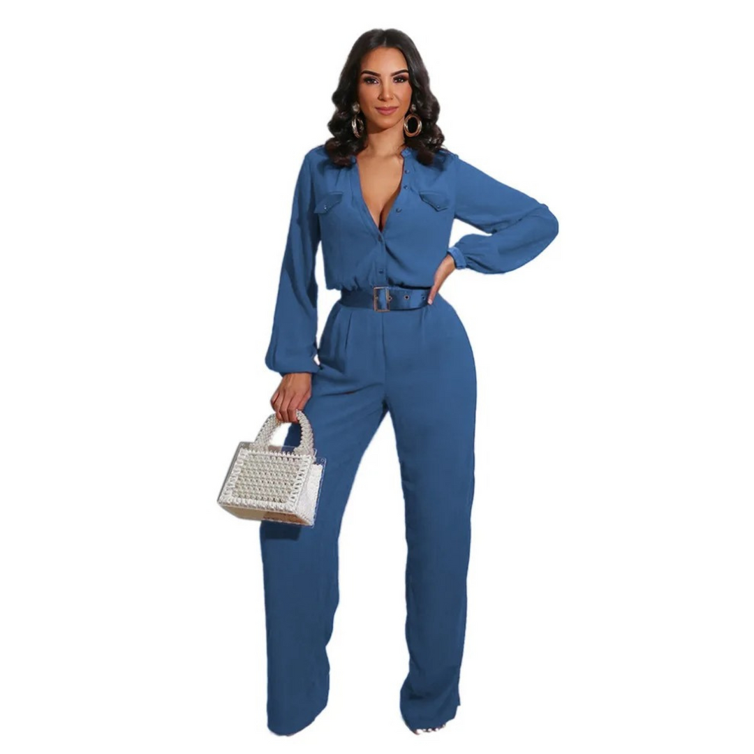 VIDA rosafarbener V-Ausschnitt Knopf elastischer loser Hosen-Jumpsuit