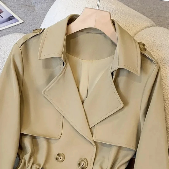 Feminza - Damen Mantel Kurzer Trenchcoat mit Taillengürtel und Knopfleiste