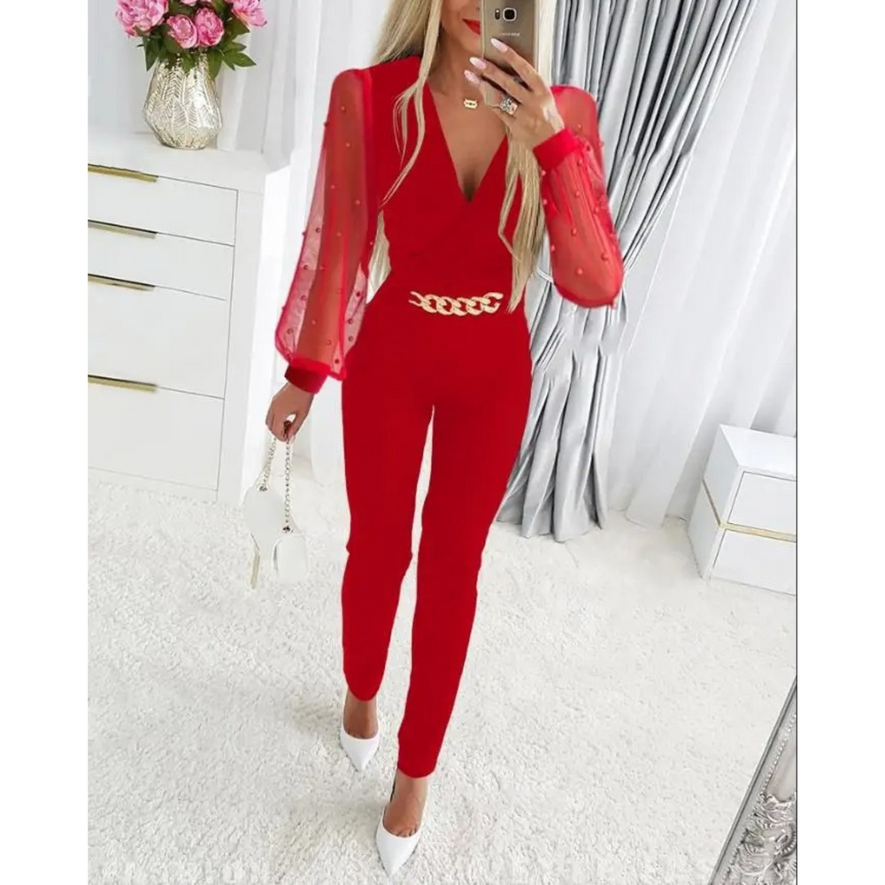 VIDA eleganter schwarzer Slim Pant Jumpsuit mit hohlem Druck