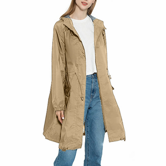 Drizzla - Regenjacke Damen mit Kordelzug und Kapuze, Leichter Langer Wasserdichter Mantel