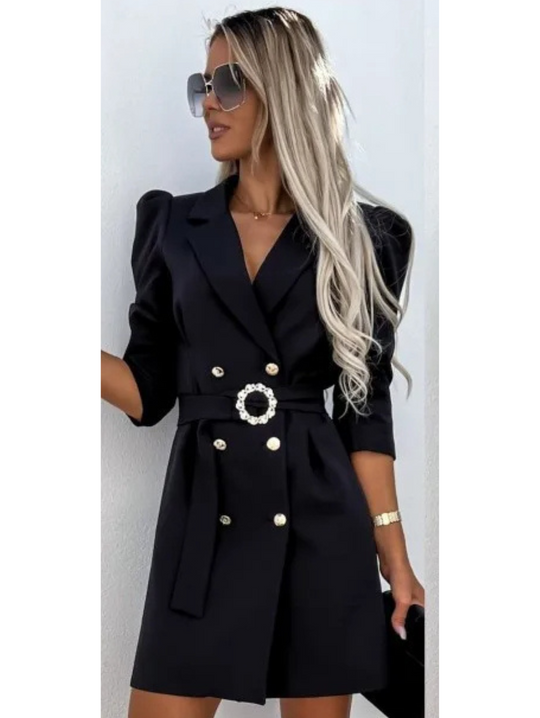 Gracina - Blazer Kleid Damen Mit Puffärmeln, Taillengürtel und Goldknöpfen