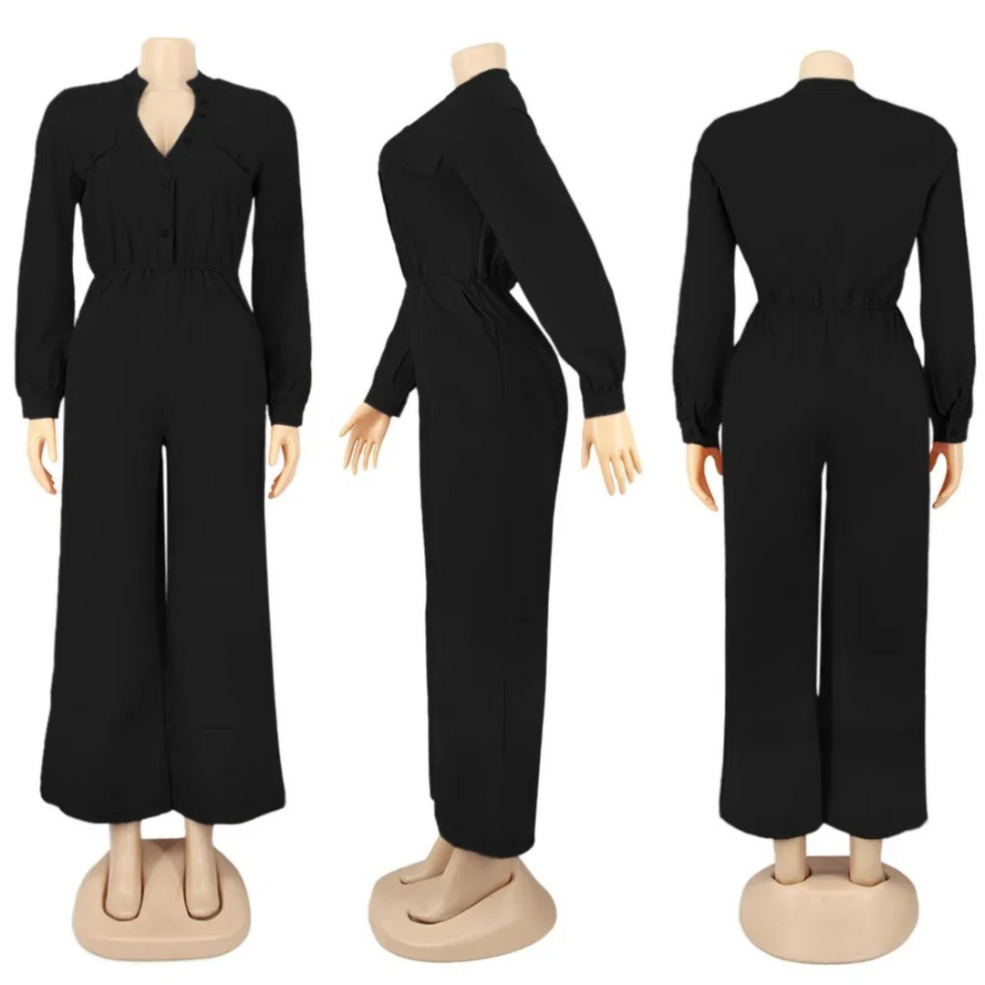 VIDA rosafarbener V-Ausschnitt Knopf elastischer loser Hosen-Jumpsuit