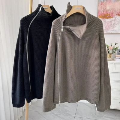 Damform - Rollkragenpullover Damen, Strickpullover mit Seitlichem Reißverschluss, Lockerer Schnitt