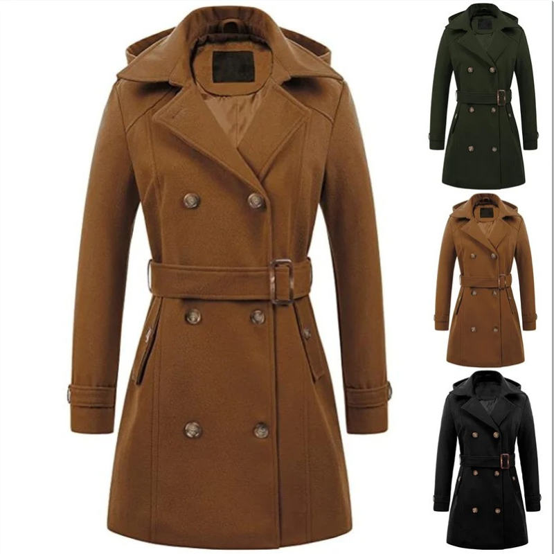 Darvena - Damenmantel Jacke – Kurzer Trenchcoat mit Gürtel und Doppelreiher