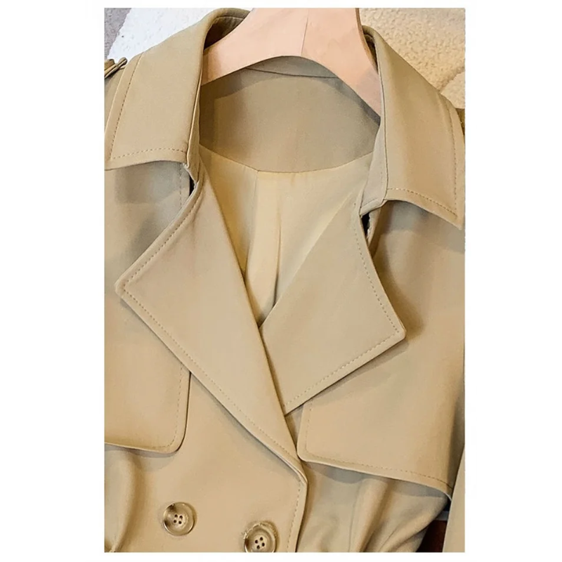 Feminza - Damen Mantel Kurzer Trenchcoat mit Taillengürtel und Knopfleiste