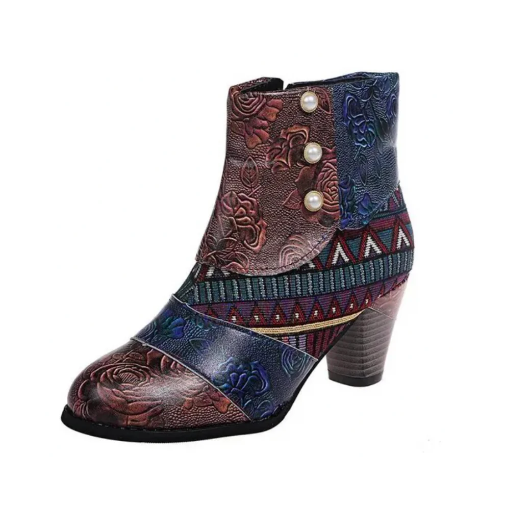 Komfoti - Damen Ankle Boots mit floralem Patchwork-Design und Reißverschluss