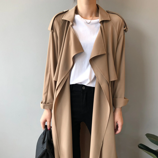 Charmin - Damen Mantel Langer Trenchcoat, Offener Schnitt, Mit Reverskragen