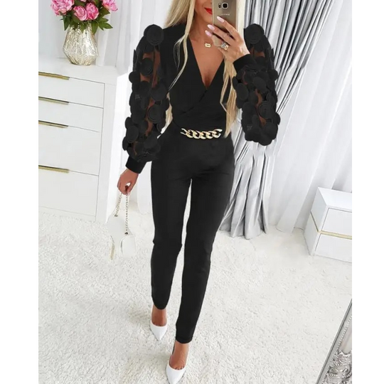 VIDA eleganter schwarzer Slim Pant Jumpsuit mit hohlem Druck